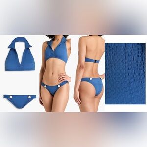 LISA MARIE FERNANDEZ Polo button-embellished seersucker halterneck bikini